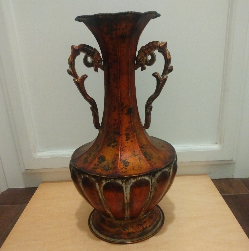 Vintage Copper Tone Steel Sea Horse Handle Vase